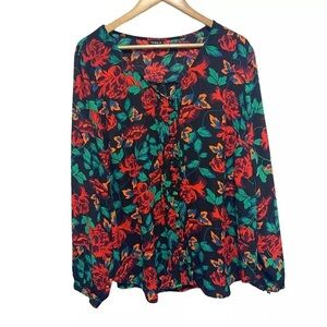 Torrid Top Womens 2X Floral Long‎ Sleeve Romantic Pin Tuck V Neck Relaxed Button